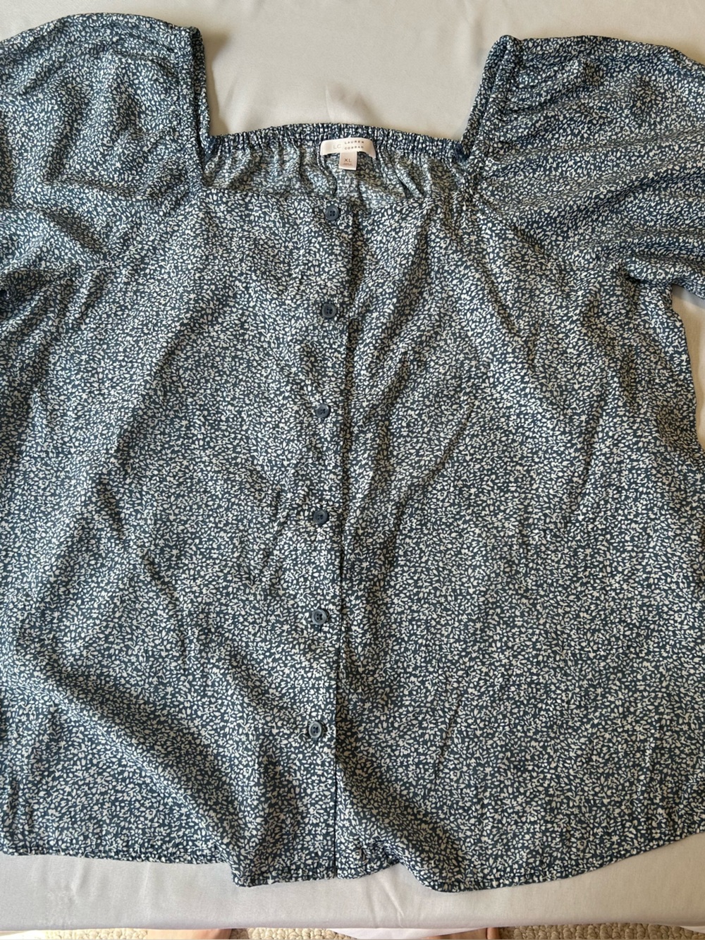LC Lauren Conrad Blue Floral Off-Shoulder Button Front Top